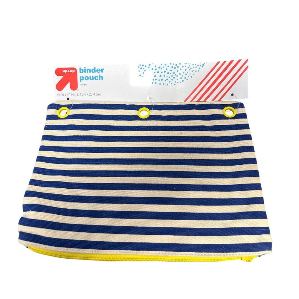 Blue & White Striped Fabric Binder Pouch With Yellow Zipper & Grommets 7.25" x 1 - Picture 2 of 3